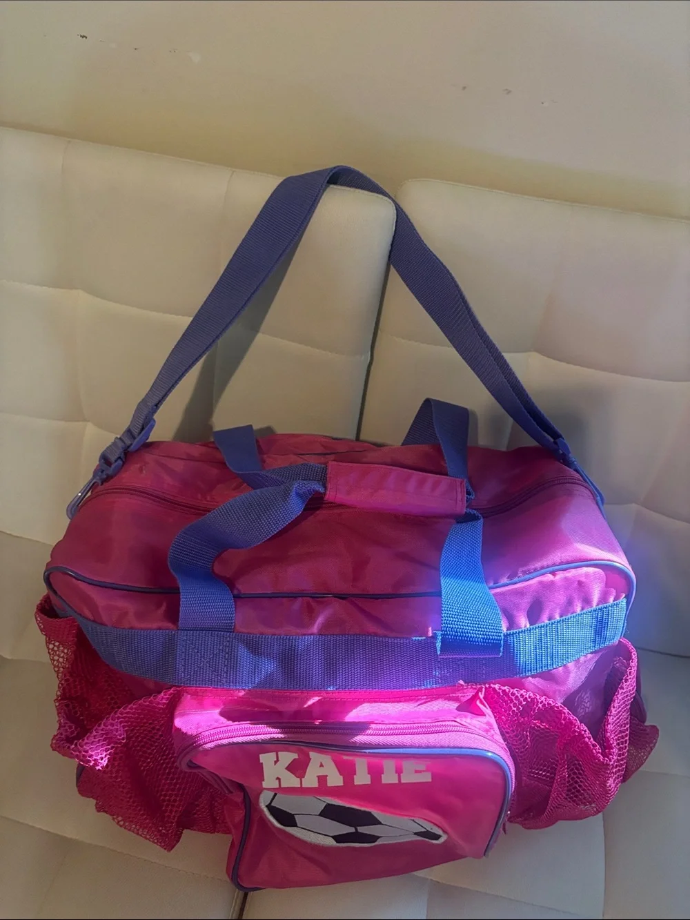 Personalized Pink Kids Soccer Duffel Bag with Purple adjustable Straps - Katie